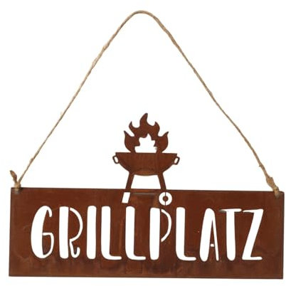 Boltze Home Deko Schild Rost mit Spruch Grillplatz 30 * 18 cm Deko für Terasse Garten Metallschild aus Edelrost mit Henkel zum Aufhängen Deko Geschenk für Wohnzimmer Sommergarten Grillen