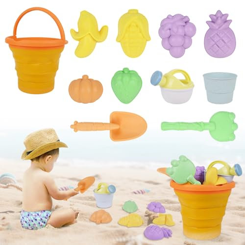 Gerbala Sandspielzeug für Kinder, 11 Stück Sandspielzeug mit Orange Faltbarer Eimer, Sanspielzeugset, Sandspielzeug Strand, Sandkasten Spielzeug für Kinder 3 4 5 6 7 Jahre (Orange)