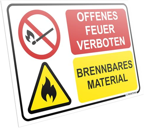 PRINTIMA Hinweisschild 32x21 cm „OFFENES FEUER VERBOTEN – BRENNBARES MATERIAL” – Warnschild mit Montage-Dübeln, Sicherheitskennzeichnung für Lager, Industrie und Werkstätten