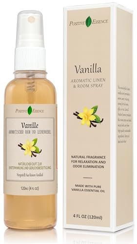 Positive Essence Vanille Raumspray und Lufterfrischer, hergestellt aus reinem ätherischen Vanilleöl, 100% natürliches Duftspray, entspannender Raumspray, Schlafspray, Kissenspray (120 mL)