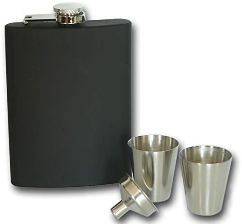 Bambelaa! Flachmann Schwarz Matt Edelstahl Geschenk Set Mit Bechern Trichter Ca 235ml 8Oz Für Männer Frauen Geschenkset
