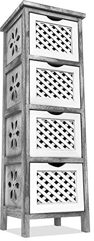 LIVIVO MINERVA Chest of Drawers Bedroom - Wooden Beside Drawers Tower Furniture Unit with Rattan Style Woven Box Baskets for Office, Bathroom, Bedroom Drawers (4 Drawer, Grey & White)