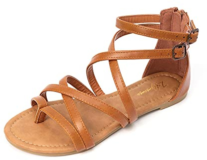 Luffymomo Women's Gladiator Strap Sandals Flat Fisherman Thong Cross Strappy Sandals（8 M US BROWN）