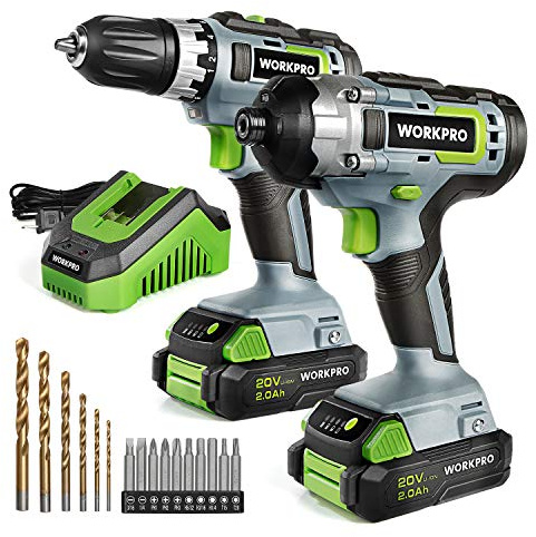 WORKPRO 20V Cordless Drill Combo Kit, Drill Driver and Impact Driver with 2x 2.0Ah Batteries and 1 Hour Fast Charger
