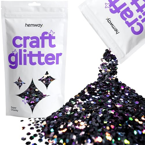 Hemway - Purpurina para manualidades, vasos, resina, epoxi, uñas, cera, álbumes de recortes, cristal, decoración de escuelas: negro holográfico, supergruesa (3 mm), 100 g