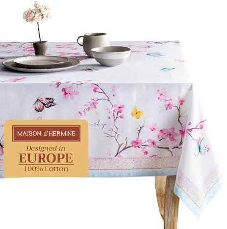 Maison d'Hermine Tischdecke, Rechteckig, 100% Baumwolle (220 cm x 160 cm) | Wiederverwendbar, für den täglichen Gebrauch, zum Essen, für Partys, Festliche Anlässe Frühjahr Sommer - Blossoms In Spring