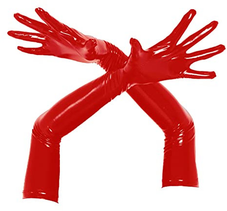 dPois Damen Wetlook Handschuhe Lange Kunstleder Fingerhandschuhe Abendhandschuhe Armstulpen Gothic Punk Kostüm Halloween Party Rave Clubwear Rot M