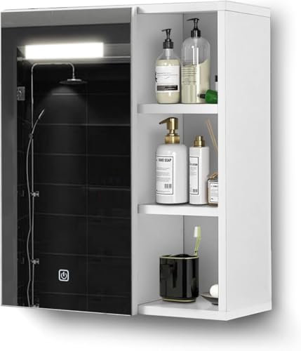 TUKAILAi Armoire de Salle de Bain avec Miroir, Armoire Toilette Miroir avec Eclairage LED et USB Port, de Salle de Bain Rangement avec 1 Porte 2 Etagères Reglables 3 Compartiments Ouverts