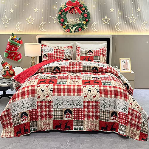 Weihnachts-Steppdecken-Set für Queen-Size-Betten, 3-teilig, rot, Weihnachtsbaum, Schneeflocke, Rentier, Hütte, kariert, Patchwork, Tagesdecke, Überwurf, wendbar, leicht, Bettdecke, Decke mit 2