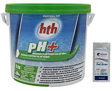 HTH pH Plus Poudre - 5kg | Correcteur de pH Solide - Augmente Le pH + 10 Tests HPS OFFERTS 6 en 1