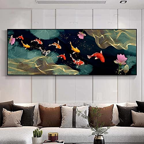 LINKGIN Home Chinesischer Stil Koi Neun Fisch Feng Shui Karpfen Leinwand Gemälde Goldfisch Lotus Teich Poster Wand Bild für Schlafzimmer Dekor 20x60cm rahmenlos
