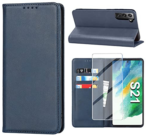 Vaki Handyhülle für Samsung Galaxy S21 5G Hülle mit Panzerglas Schutzfolie, Schutzhülle S21 Leder Wallet Kartenfach Standfunktion Stoßfest Klapphülle Hüllen Galaxy S21 6.2 Zoll Case Klappbar (Blau)