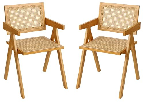Furlide Rattan Dining Chairs Set of 2, Modern Mid Century Accent Chairs, Comfy Armchairs, Outdoor Rattan Chairs with Armrest for Bedroom Living Room Reading Room Dining Kitchen