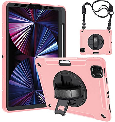 LOXO CASE Funda para iPad Pro 11 Pulgadas 2022 2021 (4.ª 3.ª generación), Protección de Cuerpo Completo de TPU Antichoque Funda con Soporte Giratorio 360 - Correa de Mano -Portalápices,Pink