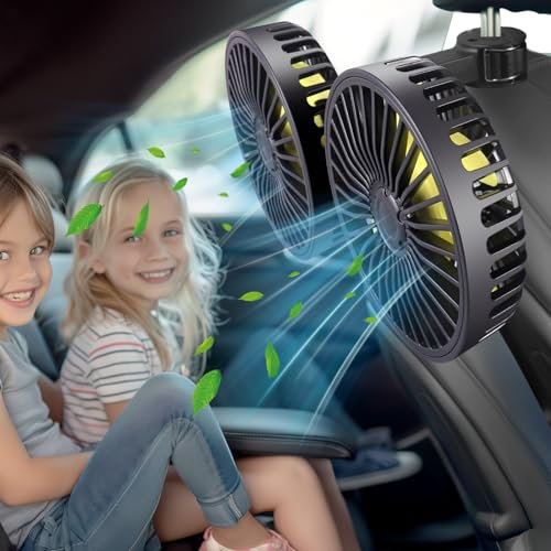 HUENLYEL Ventilador de asiento trasero de coche para asiento trasero de niños, ventilador de reposacabezas de coche USB de doble cabeza para asiento trasero de coche para niños (sin batería)