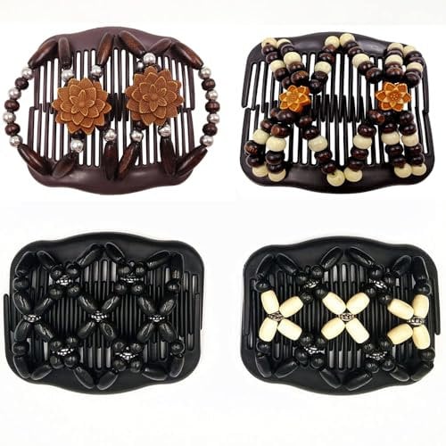 Perlen Haarkämme, Magic Hair Comb Haarspangen, Hair Comb Double Slide Holzperlen, 4er-Set, Zur Haardekoration, Diy-Frisur