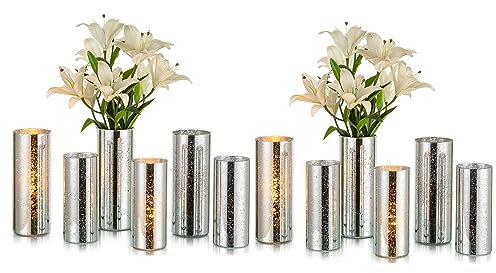 Glasseam Kerzenhalter Stumpenkerzen, 12er Set Glaszylinder mit Boden, Crackle Kerzengläser Groß, Chic Windlicht Weihnachten für Esstisch Dekoration, Kerzenständer Silber Vasen Deko für Home Tischdeko
