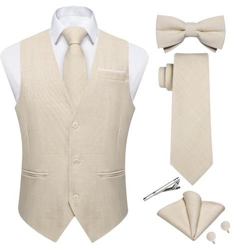 DiBanGu Herren-Anzugweste aus Leinen, legere Weste, Krawatte und vorgebundene Fliege, Set mit 6 Stück, einfarbig, für Hochzeit, Party, Beige, XX-Large