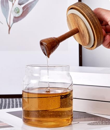 TINGJUNN Pot à miel en verre avec cuillère en bois et couvercle, 473,6 g pour la maison, la cuisine, le stockage du sirop de miel, de la ruche et du miel