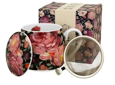 DUO FLORAL Fassbecher 430 ml SPRING ROSES BLACK mit Teesieb, New Bone China Porzellan