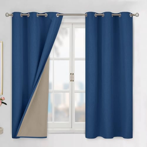 BGment Dunkelblaue Verdunkelungsvorhänge, 137 cm Länge für Schlafzimmer, 2 Paneele-Set, Leinenstruktur, Wärmedämmung, schalldicht, Fenstervorhang mit Öse, 107 cm breit