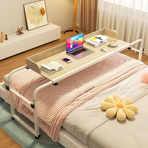 Schreibtisch Über dem Bett, Überbetttisch mit Rollen Steharbeitsplatz mit Rollen Höhen- und Längenverstellbarer Mobiler Tisch Laptopwagen Computertisch für Wohnzimmer Schlafzimmer Krank(Color:Holz)