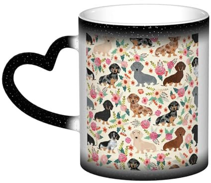 WURTON Taza de café de porcelana sensible al calor con estampado floral de perro salchicha, regalo divertido de Navidad