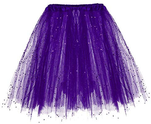 Glitzer Rock Damen Tüllrock Tütü Rock Minirock 4 Lagen Petticoat Tanzkleid Dehnbaren mit Stern Pailletten Ballettrock Tüllrock Party Fasching Karneval Kostüm Tüllrock Lila