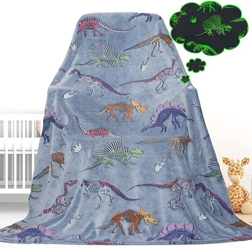 Gdindff Dinosaurier-Decke für Jungen und Mädchen, leuchtet im Dunkeln, niedlicher Dino-Überwurf für Couch, weiche, warme Plüsch-Fleece-Kinderdecke, leuchtend, 101,6 x 127 cm