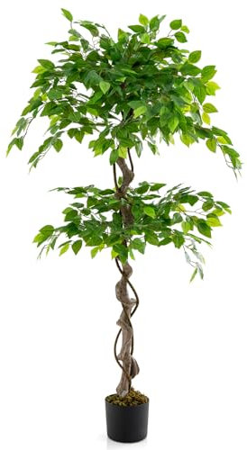 COSTWAY Plante Artificielle de 150CM avec Pot Rempli de Ciment, Ficus Artificiel avec 882 Feuilles Tronc Réaliste Mousse Séchée, Fausse Arbre Décoration du Magasin Bureau Maison