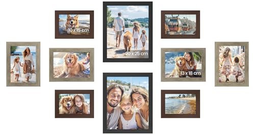 SONGMICS Bilderrahmen 10er Set, für 2 Fotos in 20 x 25 cm, 4 Fotos in 13 x 18 cm, 4 Fotos in 10 x 15 cm, Kunststoffscheibe, MDF, rotbraun, greige meliert, aschschwarz RPF310K03