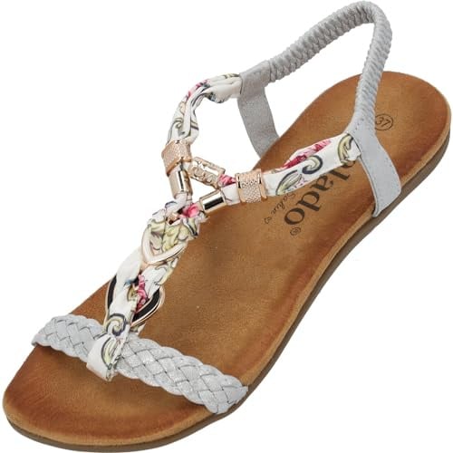 Palado Sandalen Damen Ubah by Sila Sahin - modische Sandaletten - bequeme Sommerschuhe - stilvolle Pantoletten mit elastischem Riemen Silber UK6 - EU39