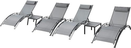 LIFERUN Lettino Prendisole, Set 4 Lettino da Giardino Alluminio, con Tavolo e Cuscino Poggiatesta, Resistente alle Intemperie, Regolabile Sdraio da Giardino, Spiaggia, Piscine, balcone, Grigio, 4 PCS