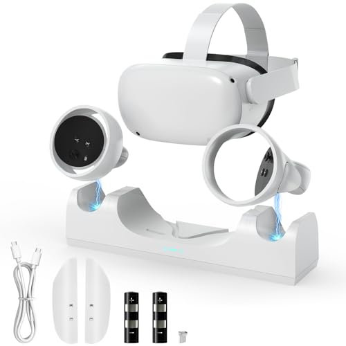 Aceshop Charging Dock for Quest 2, VR Charging Station for Oculus/Meta Quest 2 Magnetic Charging Stand for VR Headset and Touch Controllers, LED Indicator, 2 Rechargeable Batteries and Type-C Charger