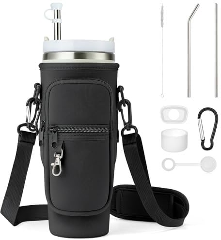 Enbagold Water Bottle Carrier Bag for Stanley Cup 40oz, Water Bottle Holder with Strap & Phone Pocket, Reusable Straw & Straw Brush & Straw Cover & Leak Proof Accessories and Carabiner Clip (Black)