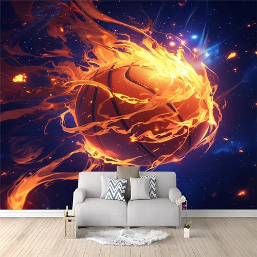 Flame Basketball Starry Sky Wall Mural 200x140 cm, Cool Urban Photo Wallpaper for Teen Boys Gaming Room Wall Decor, Room Decor