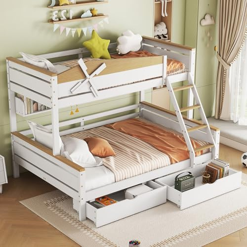 Sapgaks Kinderbett 90x200 mit Windmühle mit Regalen,Hochbett 90x200 mit vierstufigen Schrägleiter und Schubladen,Etagenbett 90x200 mit farblich abgesetztem Fallschutzgitter,Kiefer+MDF, Weiß+Natur