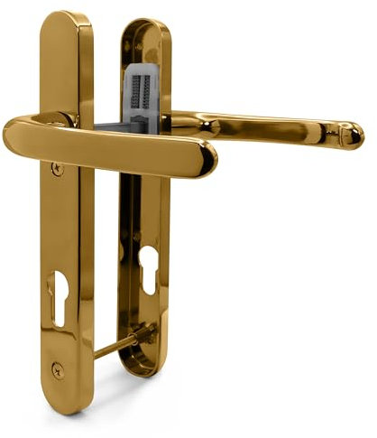 TSS Polished Brass UPVC Door Handle Pair Set, Sprung, 92mm PZ (Centres), Lever Lever, 122mm Screw to Screw (Screw centres), Backplate 245mm x 34mm - Replacement PVC Door Handle in Polished Brass