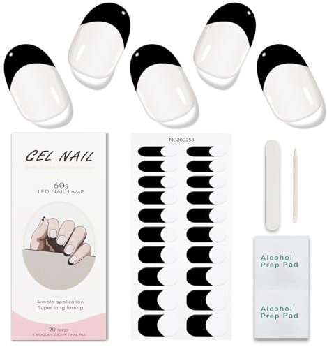 JMEOWIO Gel Nail Stickers French Tip Black White Halloween Semi Cured Gel Nail Strips Wraps UV/LED Nails Art Design Decoration Accessories