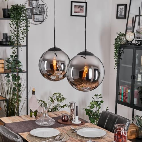 HOFSTEIN Hängeleuchte Gastor, 2-flammige Hängelampe aus Metall/Glas in Schwarz/Chorm/Rauch, Retro/Vintage-Design (Ø 30cm), E27, Pendelleuchte höhenverstellbar max. 127cm, Esszimmer, Wohnzimmer, Küche