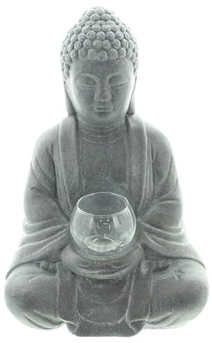 FRANK FLECHTWAREN Buddha Erleuchtung, Zement, schwere Qualität Maße: Höhe 33 cm, Teelichthalter aus Glas, ohne Teelicht
