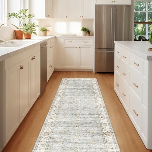 WITSHOCK Teppich Läufer Flur 60x180cm, Küche Teppich Waschbarer, Vintage Teppiche Gegend, für Esszimmer Korridor Bettvorleger rtschfest fußmatte, Kurzflor Weich Carpet, Hellblau