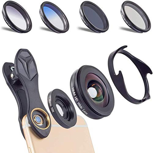 Set di obiettivi fotocamera HD 6 in 1 con clip universale per cellulare, 0,6 x grandangolo + 10 x obiettivo macro + 4 filtri, per iPhone X, 8, 7, 6/6S Plus, SE, Samsung Galaxy S7/S6, binocolo