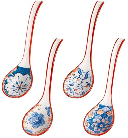 AIMUMEIF 4 Piezas Cucharas de Sopa Chinas,Cucharas de Cerámica Cucharas Ramen,Cucharas de Sopa de Estilo Retro Japonés para Pho Wonton Fideos