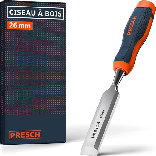 Presch Cincel para madera 26mm - Perfectamente afilado para uso inmediato - Profesional con ángulo de cuña de 25° - Robusta caperuza de impacto metálica - Mango ergonómico para un agarre seguro
