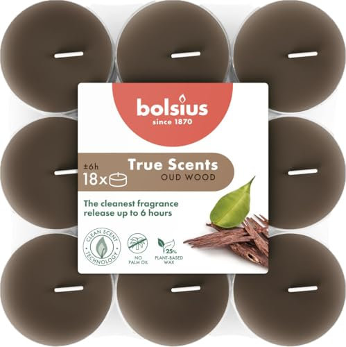 Bolsius - True Scents - 18 Duft theelichter - Oud Wood - Lange Brenndauer von 6 Stunden - Durchmesser 39 mm – Natürliche Extrakte – Enthält Veganes Wachs – Ohne Palmöl