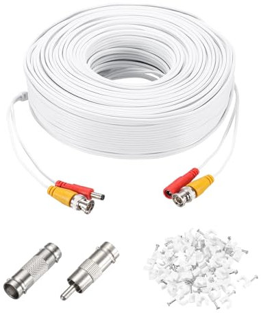sourcing map BNC Video Power Cable,60m/197ft All-in-One Security Camera Wire Cord DC Extension Wire for CCTV Security DVR Camera System Installation Plug & Play Cord,1 Set White