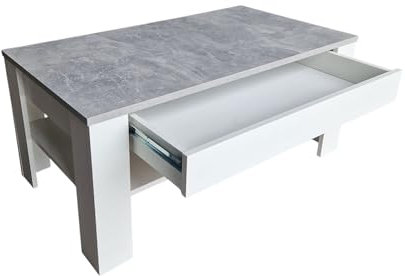 Schömig 24/7 Moderner Couchtisch mit Schublade, Betonoptik Tischplatte, Weiß, Wohnzimmertisch mit Stauraum