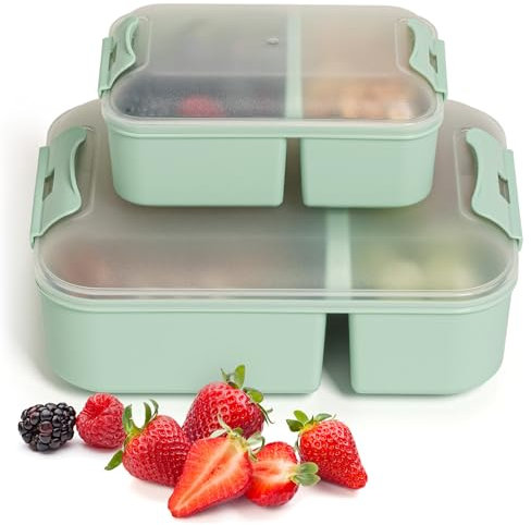 Hausfelder Set di 2 contenitori per il pranzo con scomparti, per adulti e bambini (verde menta, 1 grande, 1 piccolo)