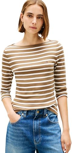 Tommy Hilfiger Damen Slim Cody Boat-NK 3/4SLV WW0WW40589 L/S T-Shirt, Braun (Nordic Taupe/Ecru STP), XXL, Braun (Nordic Taupe/Ecru STP), XXL